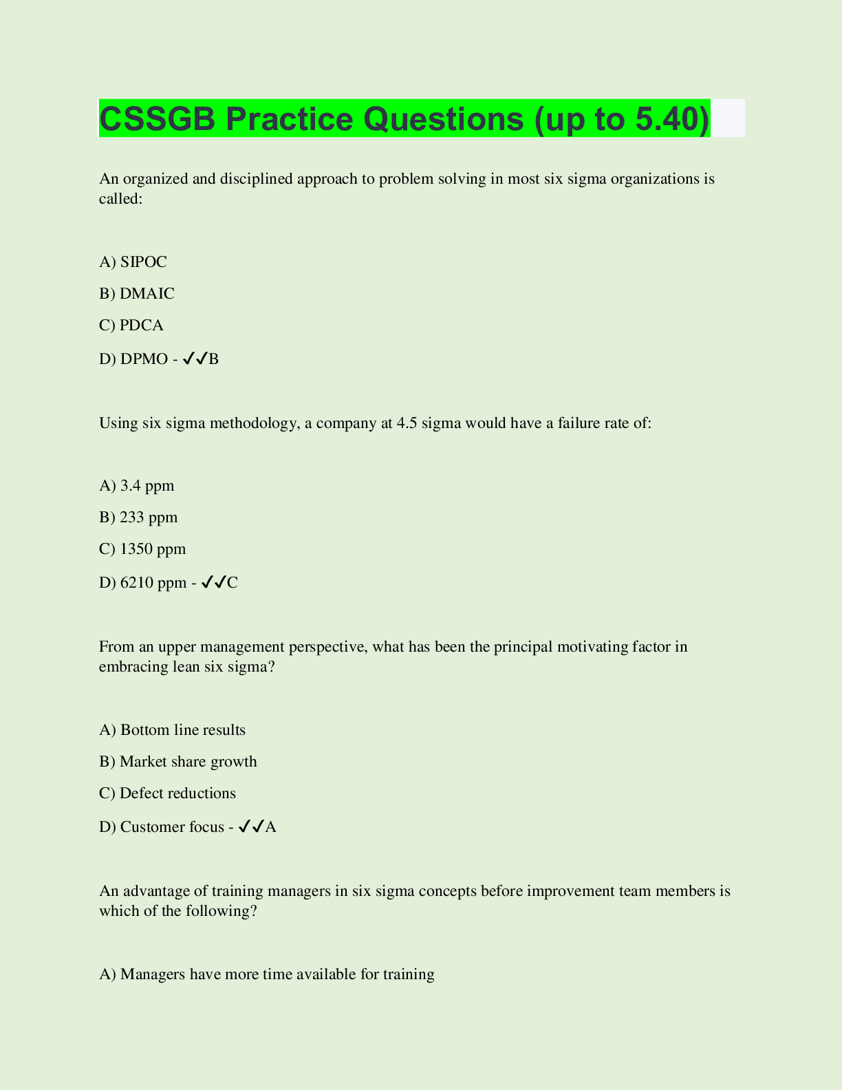 Preview of CSSGB Practice Questions (up to 5.40) | 125 Questions with 100% Correct Answers | Updated
